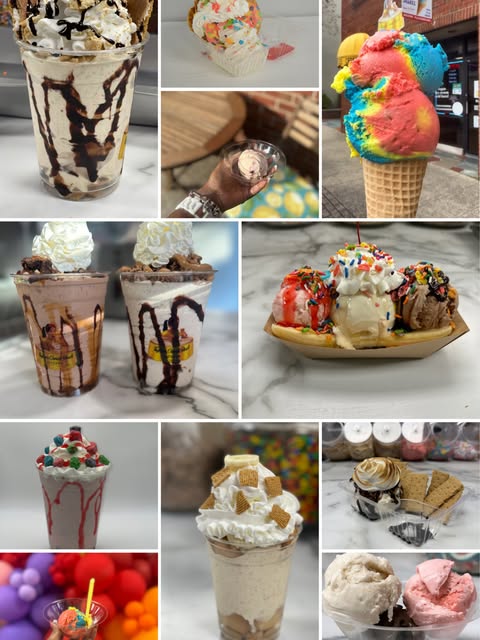 A grid of treats from Taylor's including cereal shakers, a loaded sundae in a banana boat, a rainbow scoop cone, s'mores and a party table